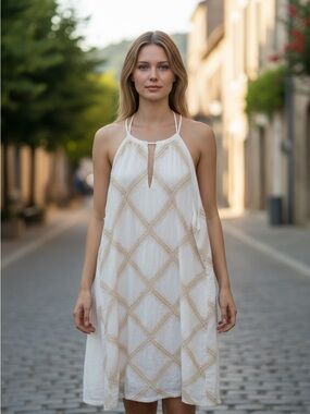Skies Are Blue Cream Mini Dress with Beige Diamond Stitch